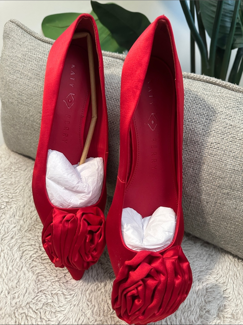 Katy Perry Collections Red Satin Pointed-Toe Rose Accent Pumps